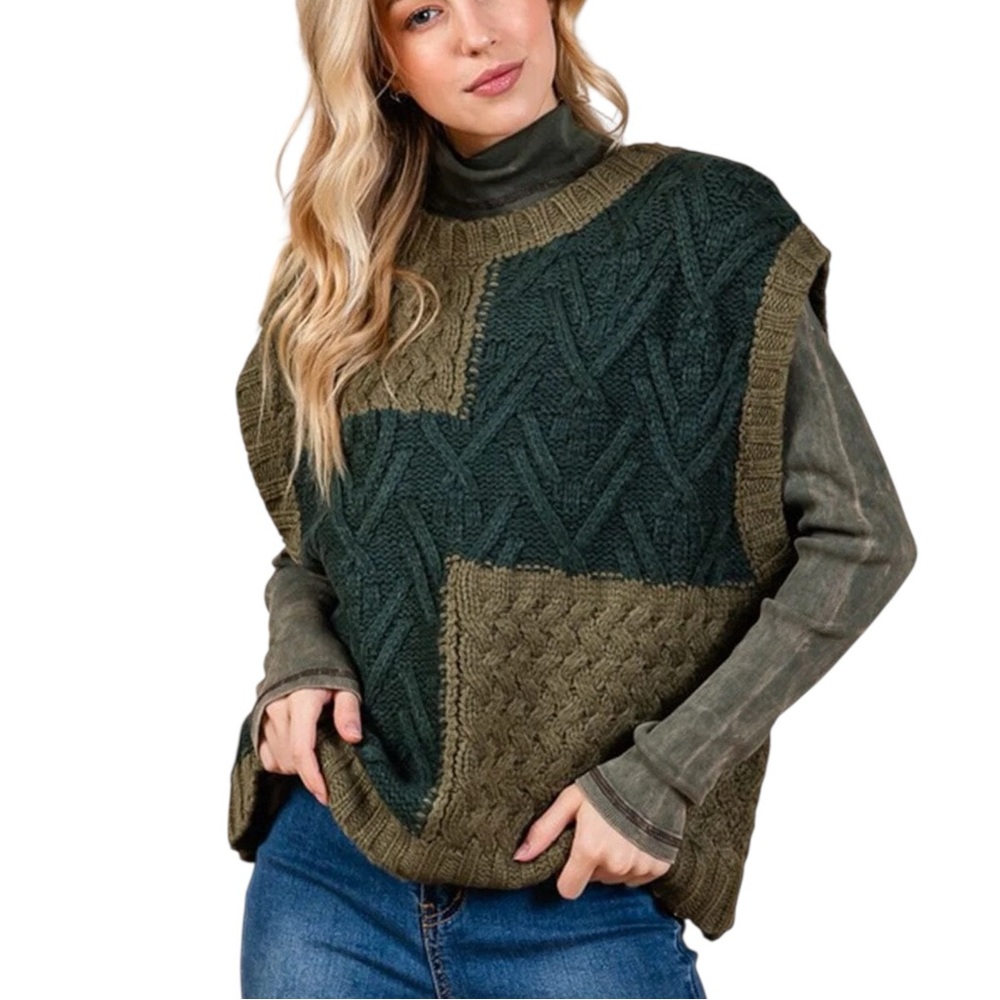Colorblock Cable Knit Sweater Vest Olive Green Chunky Pullover S M L